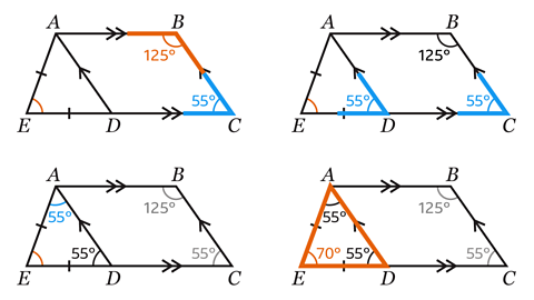 Diagram showing the angles and working out the answer as describe in steps 1 -4.