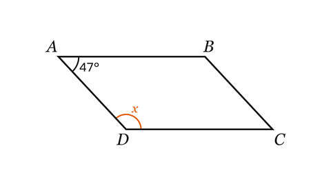 A diagram of a parallelogram ABCD. Angle DAB = 47° .Angle CDA is x.