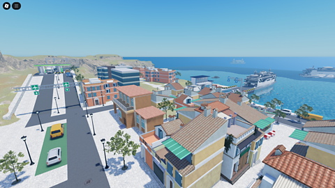 A scene showing a city by the sea in the scenario.