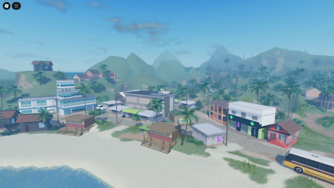 A scene showing a beachside town.