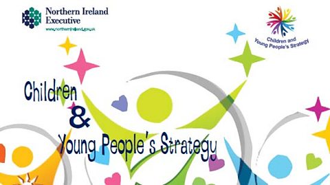 The front cover of the Northern Ireland Executive's Children and Young People’s Strategy 2020-2030 with the NI Executive's logo in the top left corner and the strategy's logo in the top right corner.
