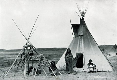 A photograph of a Native American Indian encampment, Calgary, Canada, late 19th or early 20th century.