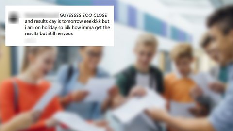 Image showing a tweet where poster is concerned about getting exam results while on holiday
