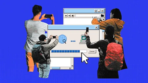 Serenity Strull/ Getty Images A digital collage showing smartphone users holding up their devices, against a loading screen for dial-up internet connectng, infront of a blue backgroud