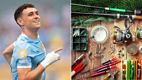 A split two shot with footballer Phil Foden and various pieces of river fishing equipment including rods and reels