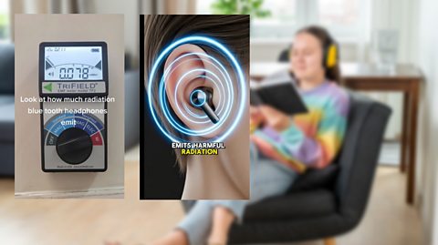 Image of a woman reading a book in a comfortable chair while wearing wireless headphones. The image also contains examples of TikTok posts expressing concerns about the health risks of the headphones