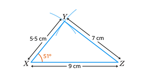 Triangle where all sides are labelled 5.5 cm, 9 cm and 7cm. Angle YXZ is labelled as 51°. All construction lines are shown.