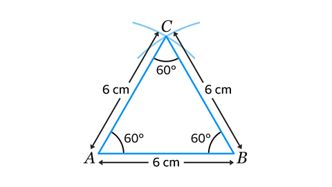 An equilateral triangle with all side measuring 6 cm and all angles labelled 60°.