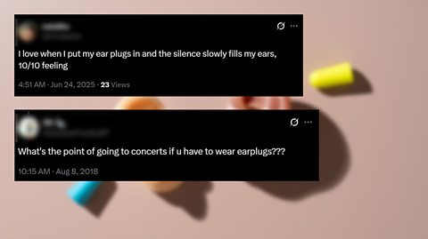 An image of two fake ears with foam style ear plugs inserted into them with two more earplugs laid out next to them
