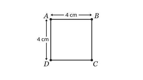 Illustration of a 4cm by 4 cm square with each corner labelled A,B,C or D.