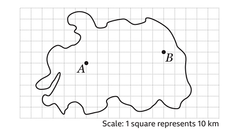 An illustration of an outline of an island on squared paper with two points labelled A and B.