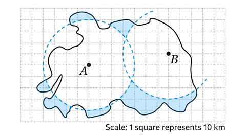 A grid map where each square represents 10 km. Outline of an island with two points A and B which are a distance away from each other. Two blue dashed circles overlap the map, with shaded areas showing where the circles intersect .