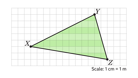 A triangle labelled XYZ is drawn on a grid. The vertices are marked as X, Y, and Z, and the interior of the triangle is shaded green. A scale at the bottom right corner indicates: Scale: 1 cm = 1 m.
