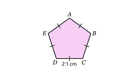 A pink pentagon labelled A-E and one side marked 2·1 cm.