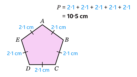 A pink pentagon labelled A-E with all sides labelled 2·1cm. In the top right, is the calculation p = 2·1 + 2·1 + 2·1 + 2·1 + 2·1 = 10·5 cm.