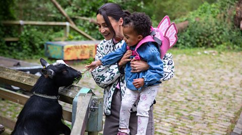 Woman smiling holding her young child up, to feed a goat over a fence.