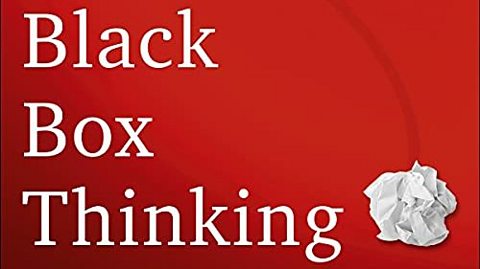 Matthew Syed audio book cover of Black Box Thinking with a red background and a crumpled piece of paper to represent past mistakes