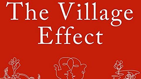 Psychologist Susan Pinker's book The Village Effect cover, with a red background and line drawings of faces and everyday activities.