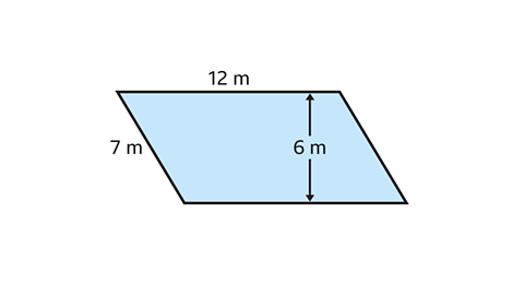A blue parallelogram with a length 12 m, height 6 m and slant side of 7 m.