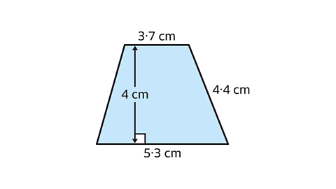 A blue trapezium with a base of 5.3 cm, top 3.7 cm, side 4.4 cm and a height 4 cm.