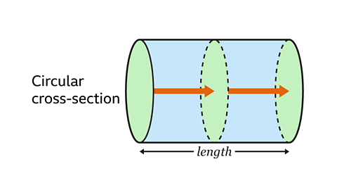 An illustration of a cylinder showing the length and the circular cross-section.