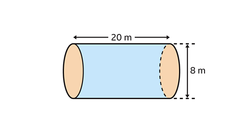 A blue and orange cylinder with a length of 20 m and height of 8 m.