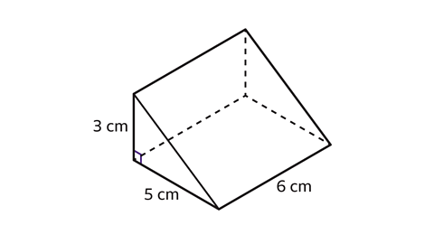 An illustration of a triangular prism with lengths of 5 cm, 6 cm and 3 cm.