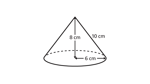 A diagram of a cone with a radius of 6 cm, height of 8 cm and a slant side of 10 cm.