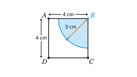 A square labelled ABCD, with each side measuring 4 cm. Inside the square, a quarter circle is drawn with centre at point A and radius 4 cm, covering part of the square. Point B is at the top right corner. An orange line segment, labelled 3 cm, connects point B to a point on the arc of the quarter circle.
