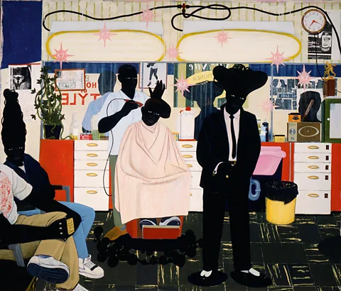 Kerry James Marshall/ Museum Associates/ LACMA A precursor to the 2012 painting, Kerry James Marshall's earlier work, De Style (1993) is a barbershop scene (Credit: Kerry James Marshall/ Museum Associates/ LACMA)