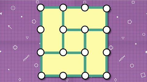 A three by three grid creating a square with sides made up of three rods. There is a central square with sides of one rod. Four rods have been removed creating one by two rectangles around this.