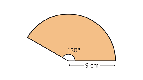 The sector has an angle of 150 degrees and a radius equal to 9 centimetres
