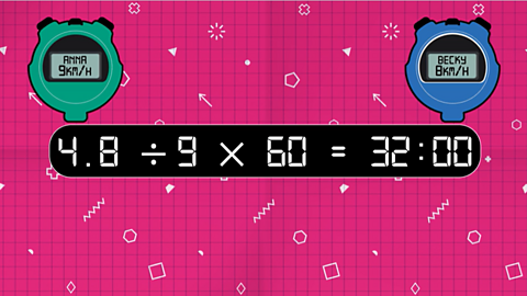 Digital stopwatches with calculation 4.8 ÷ 9 × 60 = 32:00
