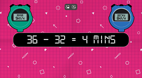 Digital stopwatches with calculation 36 - 32 = 4 mins