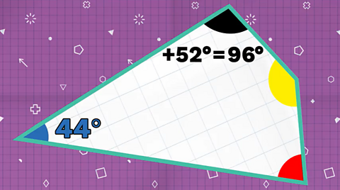 Quadrilateral with blue angle marked as 44 degrees, and black angle marked as + 52 = 96 degrees