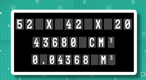 52 times 42 times 20, equals 43680 cubic cm or 0.04368 cubic metres.