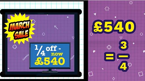 TV store window advertising March sale TV price: One quarter off, now £540. Calculation shows £540 is three quarters of original price