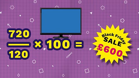 Calculation working out original Black Friday sale price of TV. 720 divided by 120 multiplied by 100 equals £600.