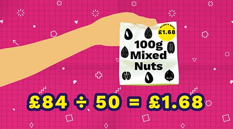 Calculation working out cost of 100g bag of mixed nuts. £84 divided by 50 equals £1,68
