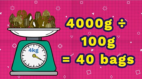 4kg of mixed nuts weighed. Calculation: 4000g divided by 100g equals 40 bags.