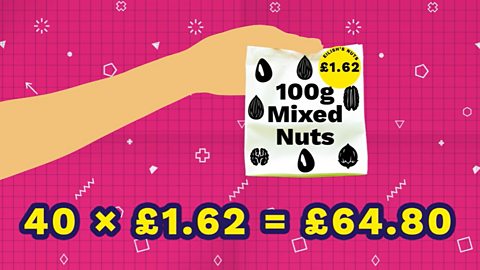 Calculating total cost of 40 bags of nuts at £1.62 each. 40 times £1.62 equals £64.80