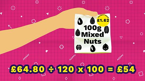 Calculation of price paid for nuts based on price with profit. £64.80 divided by 120 multiplied by 100 equals £54