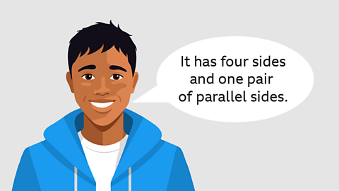 Illustration of a teenage boy wearing a blue hoody with a speech bubble 'It has four sides and one pair of parallel sides.