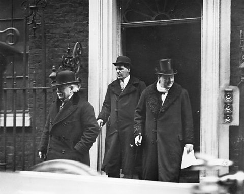 David Lloyd George, Frederick Smith, Winston Churchill leaving 10 Downing Street, London.