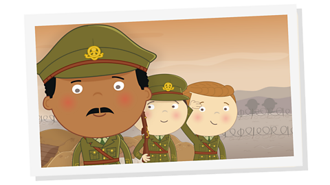 A picture of Walter Tull as a younger man with two team mates underneath another picture of him with two soldier mates and a red arrow pointing towards it