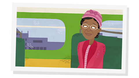 A cartoon of a black lady sitting on a bus