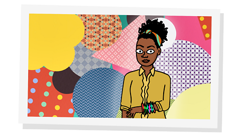 A cartoon of a young black woman standing in front of four portraits