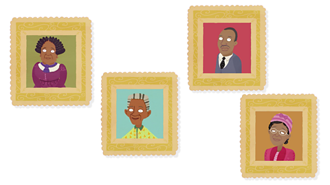 A drawing of Rosa Parks with a microphone making a speech with a cartoon girl in the foreground holding a magnifying glass to her eye