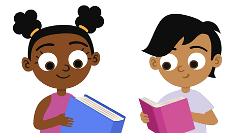 A cartoon girl and boy both reading a book in front of a teal background