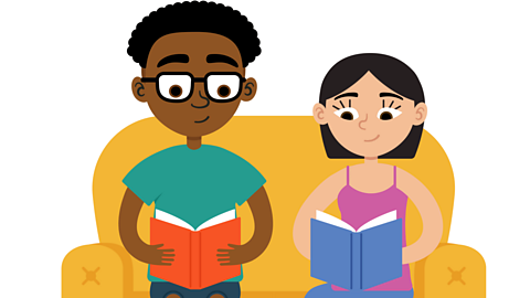 a cartoon boy and a cartoon girl sitting on a yellow sofa reading books